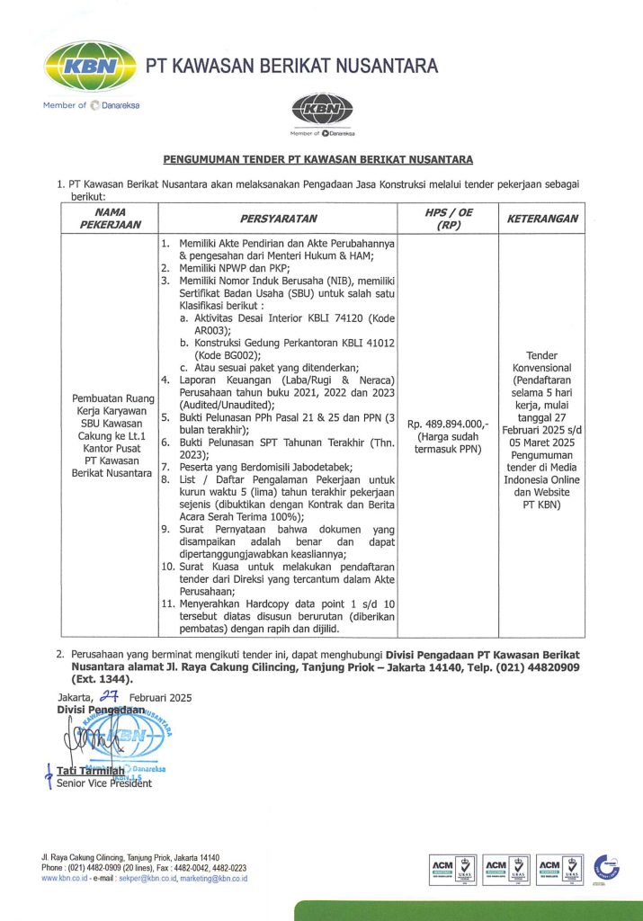 Pengumuman Pengadaan Tender Layanan Konstruksi untuk Membuat Ruang Kerja Karyawan SBU Di Area Cakung